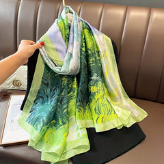 Green Oil Painting Print Scarf Classic Satin Shawl Sunscreen Head Wrap
