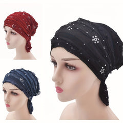 Sequin Decor Ruffle Turban Cap Elastic Head Wrap Ramadan Hijab Hats