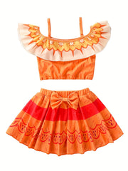 Girl's Geometric Print Bikini Set with Camisole Top & Skirt