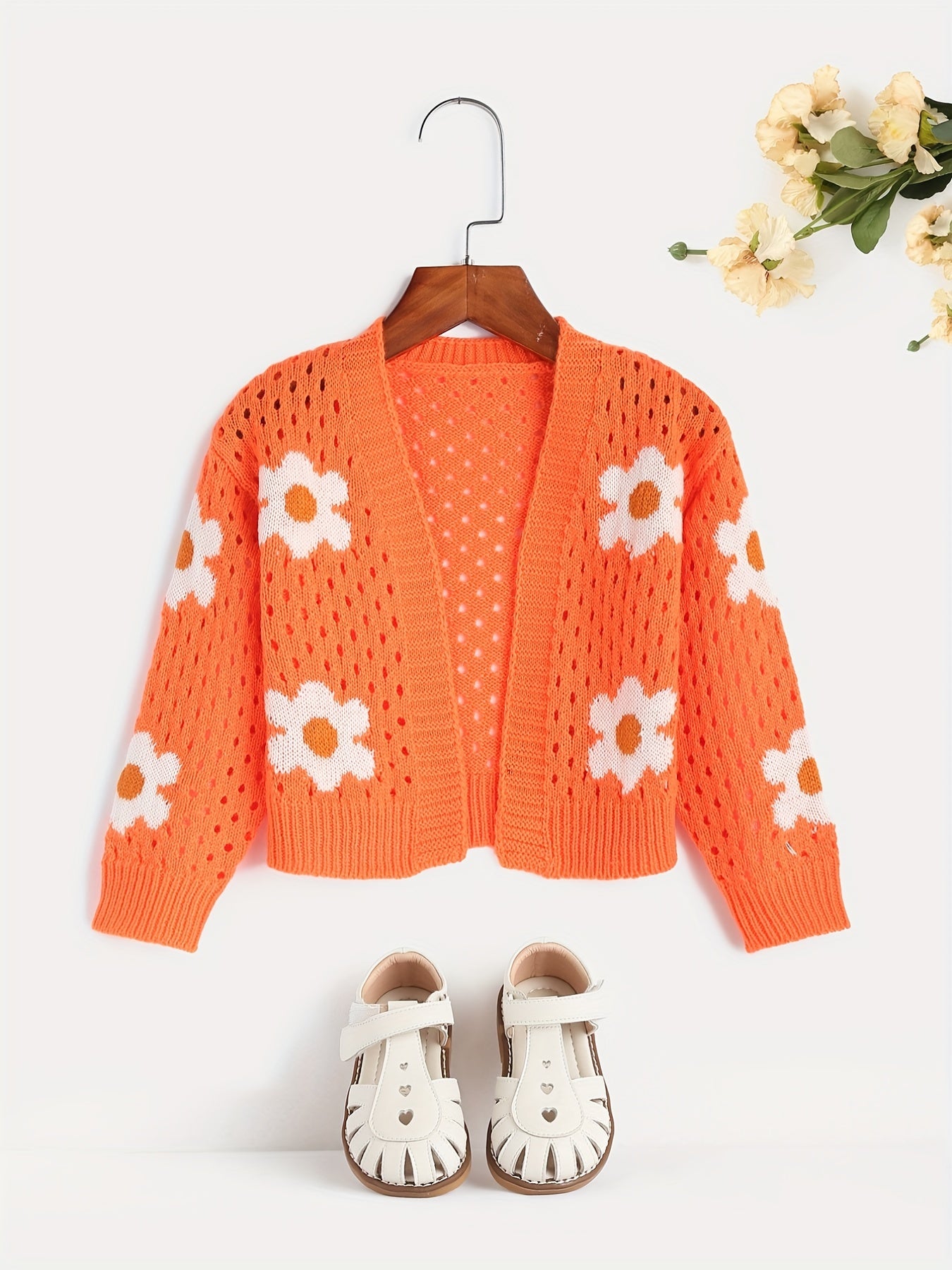 Girls Flower Jacquard Sweater Cardigan Long Sleeve Sweater Coat