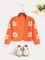Girls Flower Jacquard Sweater Cardigan Long Sleeve Sweater Coat