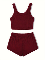 Fuzzy Lounge Set Crew Neck Tank Top & Shorts Women's Loungewear