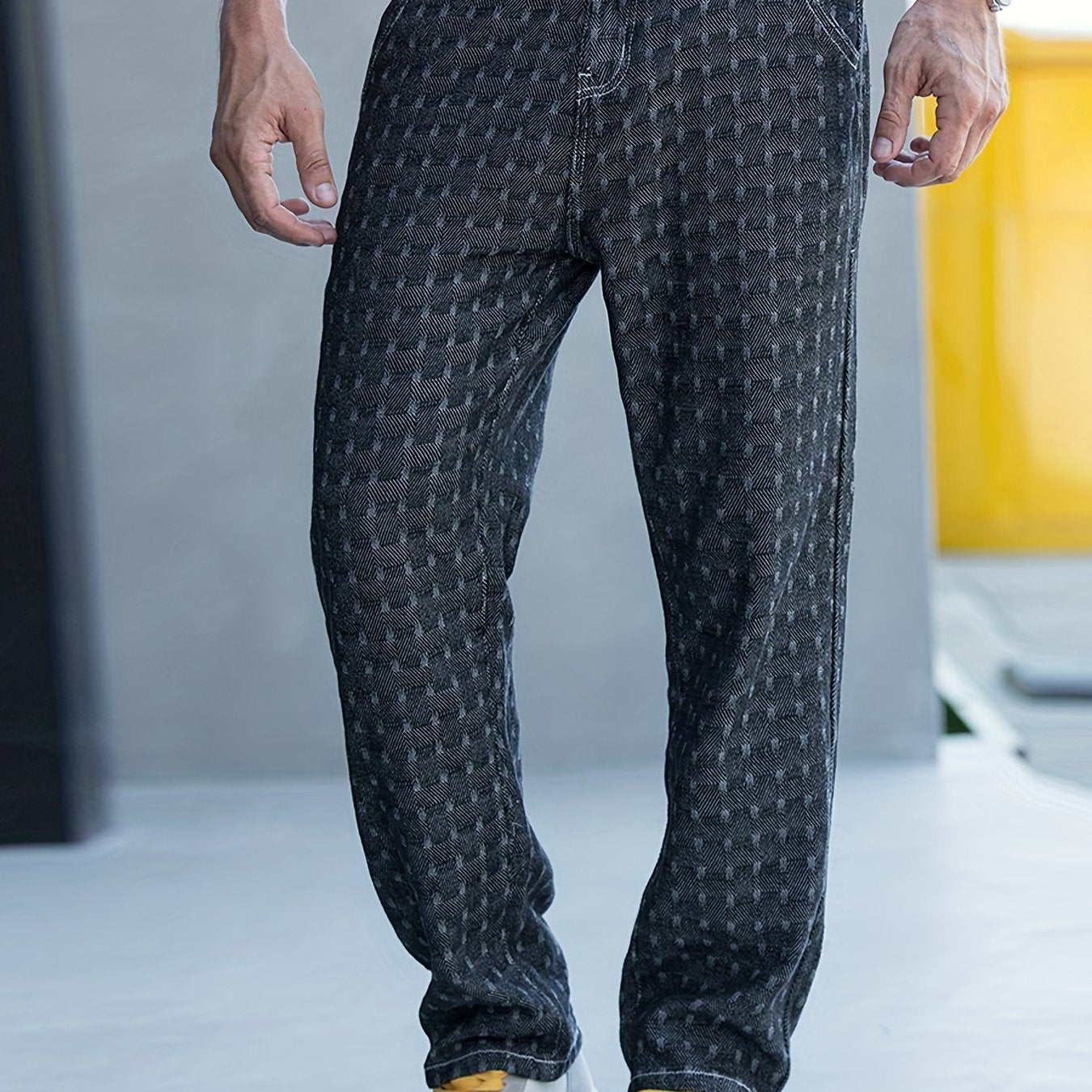 Men's Plaid Pattern Denim Jeans With Pockets
