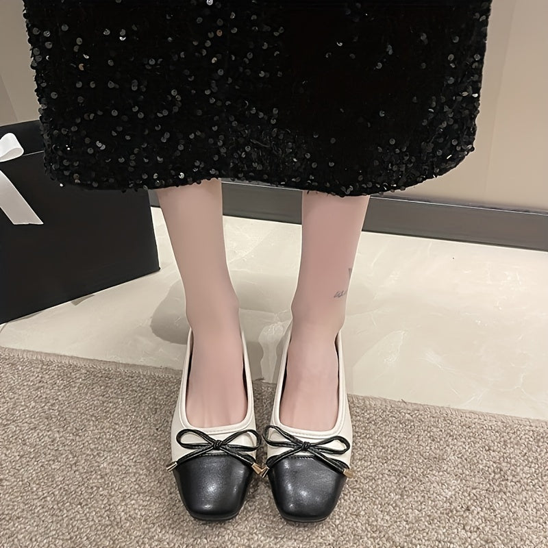 Colorblock Bow Ballet Flats Square Toe Slip On Shoes