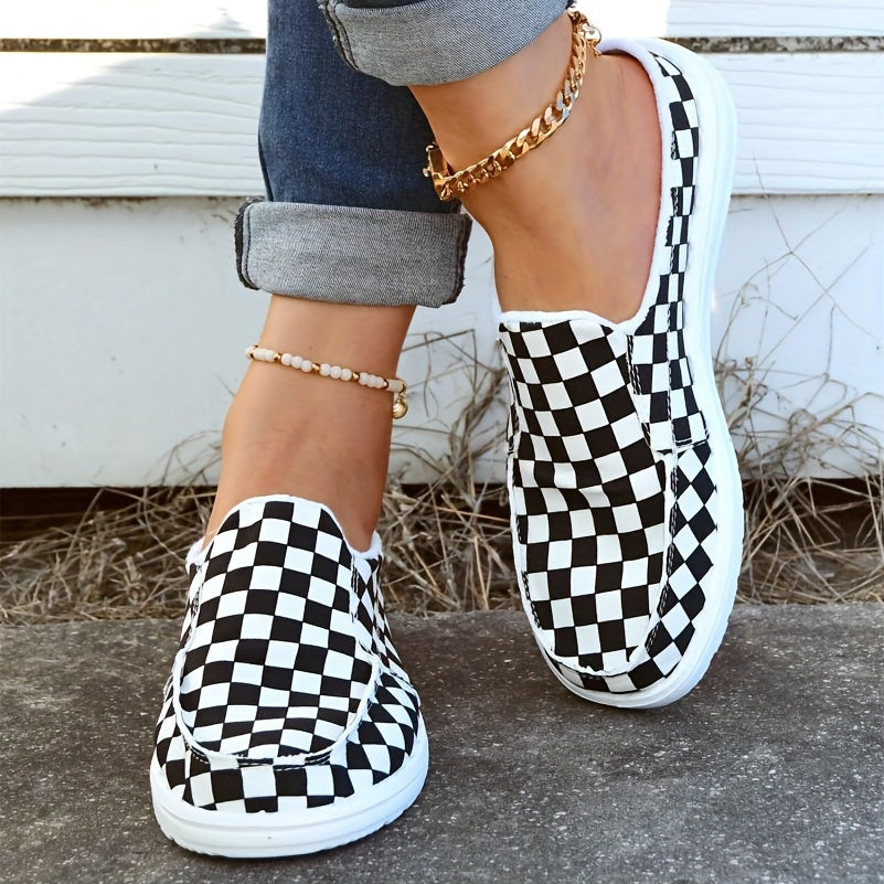 Women's Checkerboard Canvas Slip-On Loafers Flat Mules