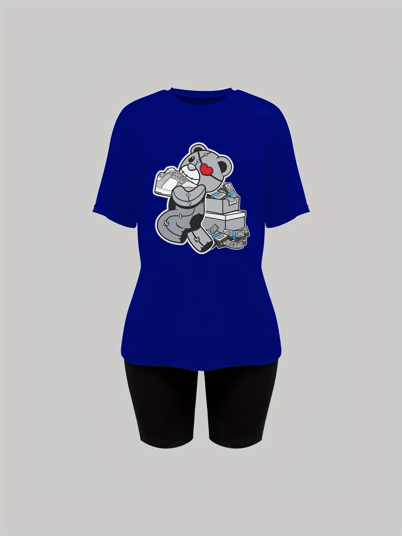 Cartoon Bear Print 2Pc Set Short Sleeve Casual Tee & Shorts Women's Clothing