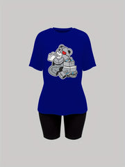 Cartoon Bear Print 2Pc Set Short Sleeve Casual Tee & Shorts Women's Clothing