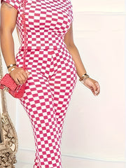 Checker Print Mock Neck Crop Top & Pants Set
