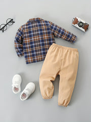 Handsome Baby Boys Plaid Shirt Pants Set Long Sleeve Top Trousers 2pcs