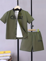 Boys 2pcs Letter Print Casual Outfit Shirt & Shorts Set
