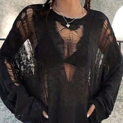 Sexy Sweater Women's Ribbed Hollow Out Drop Shoulder Jumper