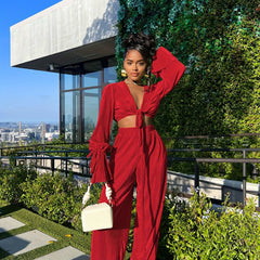 Sexy Long Sleeve Crop Top & Wide Leg Pants Set
