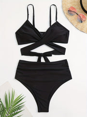 Criss Cross V Neck Tie Back 2 Piece Swimsuit High Cut Spaghetti Straps Bikini