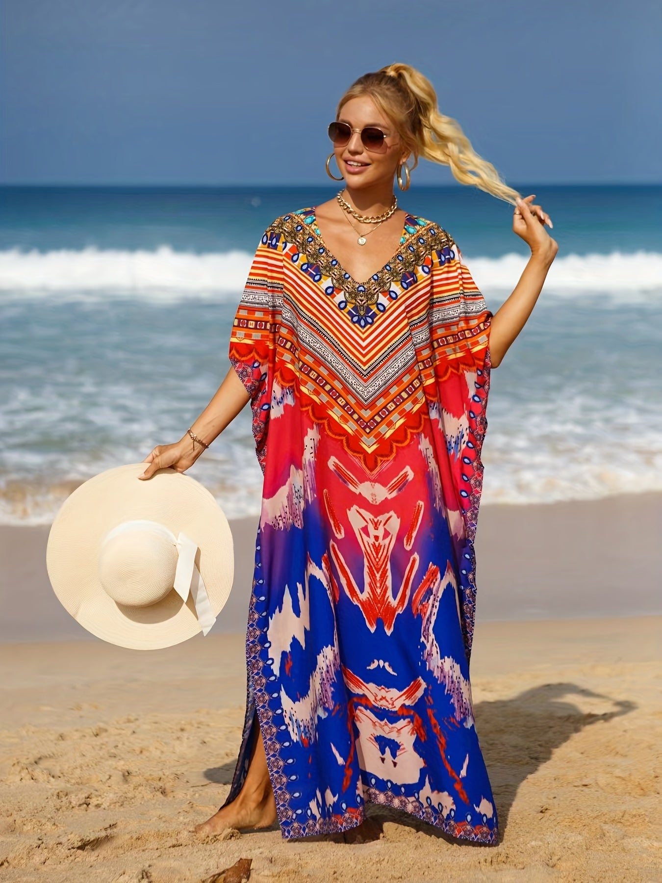 Geometric Print Bat Sleeve V Neck Cover Up Dress