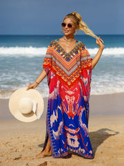 Geometric Print Bat Sleeve V Neck Cover Up Dress