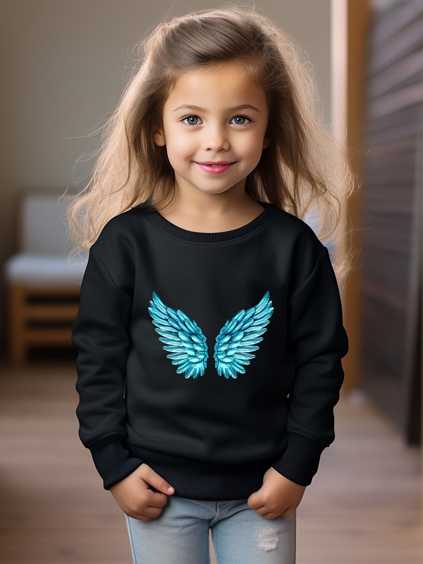 Wings Print Sweatshirt Girls Casual Graphic Crew Neck Pullover Sweatshirt