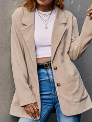 Solid Corduroy Blazer Long Sleeve Button Lapel Collar With Pockets