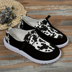 Women's Cow Graphic Patchwork Boat Shoes Lace Up Low Top Canvas Shoes