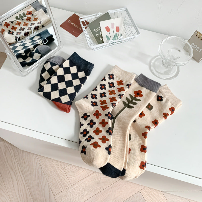 5 Pairs Crew Socks Women Checkerboard Floral Print