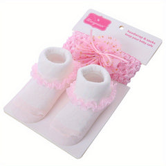 Baby Girl Cotton Princess Flip Bow Knot Lace Crew Socks & Bow Headband Set