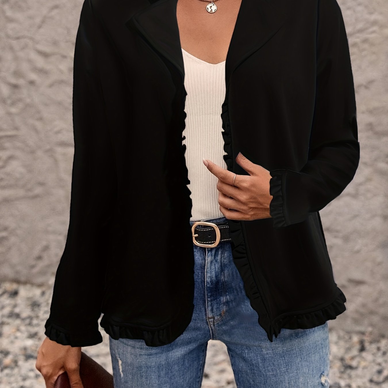 Ruffle Trim Blazer Solid Long Sleeve Lapel Women's Office Blazer
