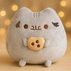 Cookie Cat Plush Toy Soft Stuffed Animal with Cookie 10in High Gray Home Decor