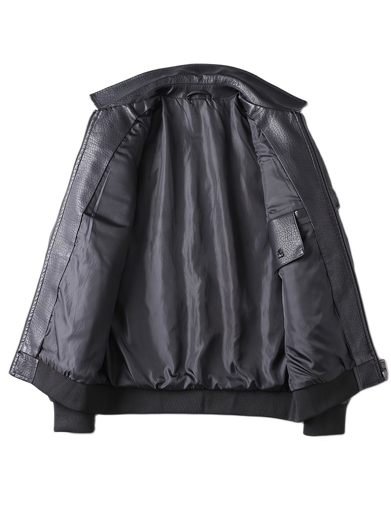 Embroidery Pocket PU Jacket Men's Casual Zip Up Faux Leather Jacket