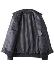 Embroidery Pocket PU Jacket Men's Casual Zip Up Faux Leather Jacket
