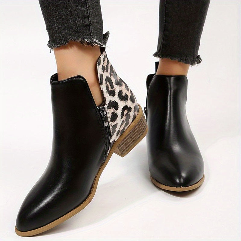 Leopard Print Ankle Boots Pointed Toe V Cut Stacked Heels Short Boots