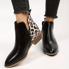 Leopard Print Ankle Boots Pointed Toe V Cut Stacked Heels Short Boots