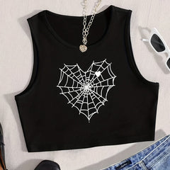 Spider Web & Heart Print Tank Top Sexy Crew Neck Sleeveless Top