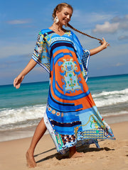 Boho Cover Up Dress Women's Plus Border Floral Print Bat Sleeve V Neck