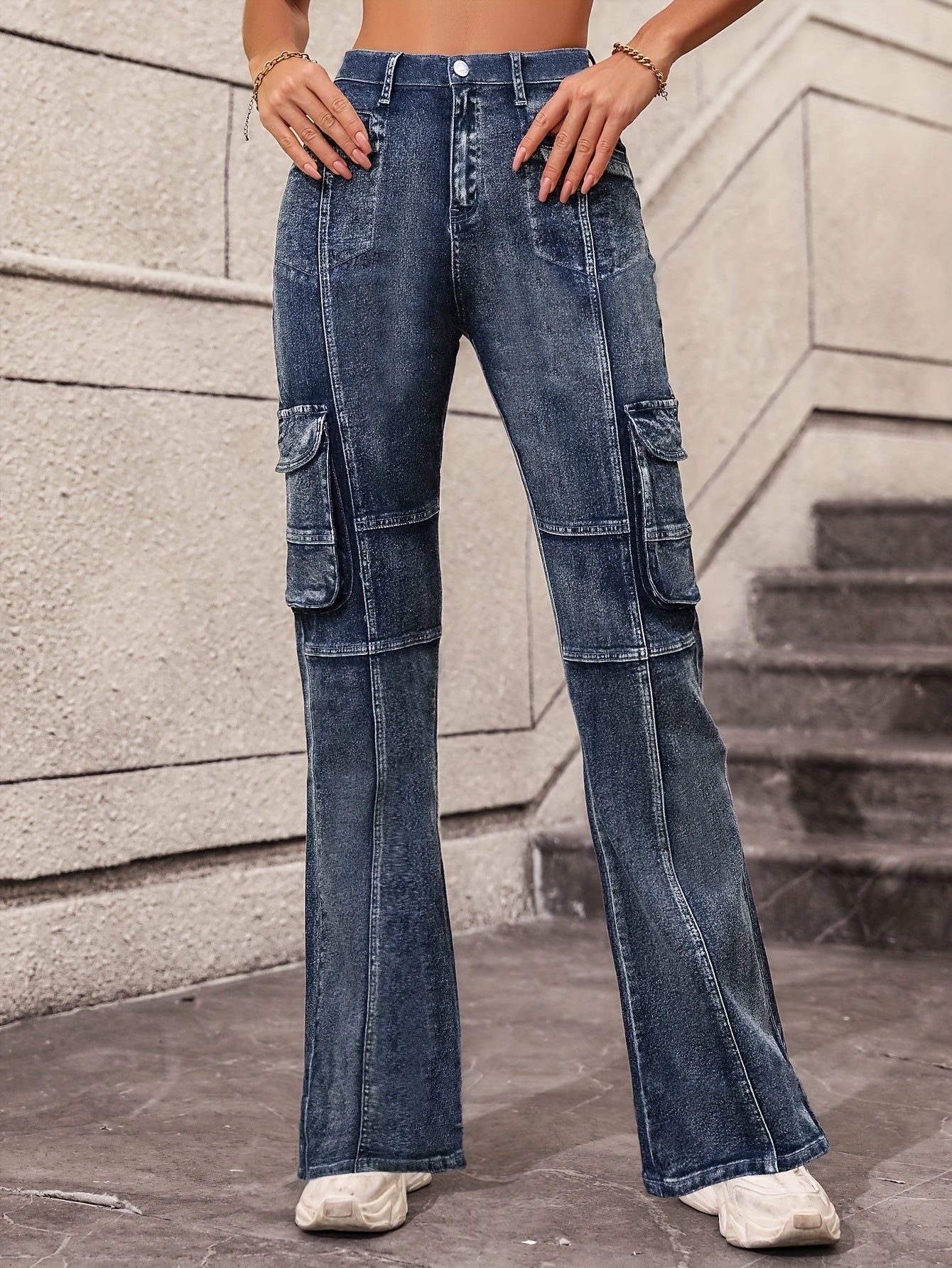 Flap Pockets Cargo Pants High Waist High Stretch Y2K Style Pintuck Jeans