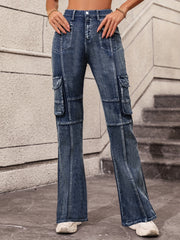 Flap Pockets Cargo Pants High Waist High Stretch Y2K Style Pintuck Jeans