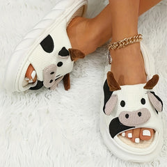 Women's Cow Decor House Slippers Open Toe Slip On Shoes