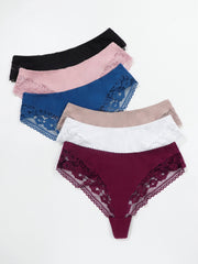 6pk Plus Size Sexy Panties Set Women's Contrast Lace Trim Stretch Briefs