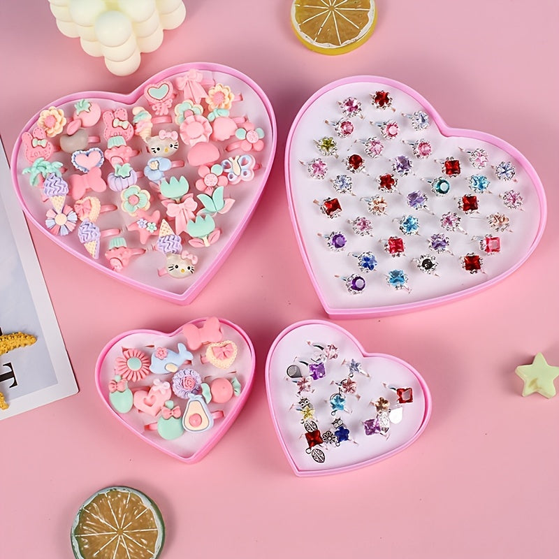 24pcs Girls Faux Gemstone Princess Rings w/ Heart Shaped Decorative Accessories