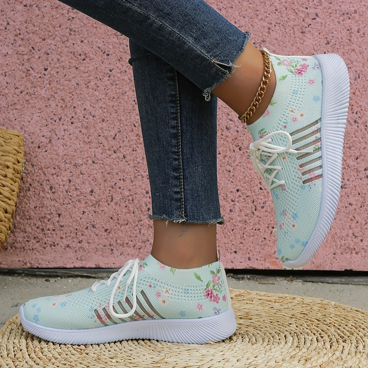 Women's Floral Print Knit Sports Shoes Lace Up Running Trainers