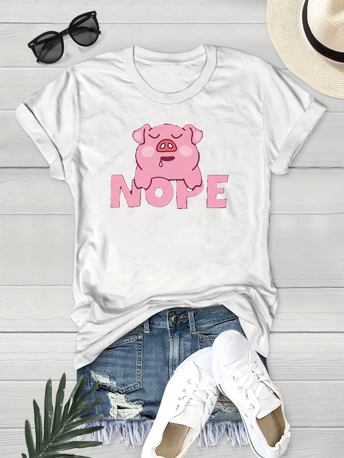Cute Pig Letter Print Graphic Tee Womens Crew Neck T-shirt