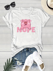 Cute Pig Letter Print Graphic Tee Womens Crew Neck T-shirt
