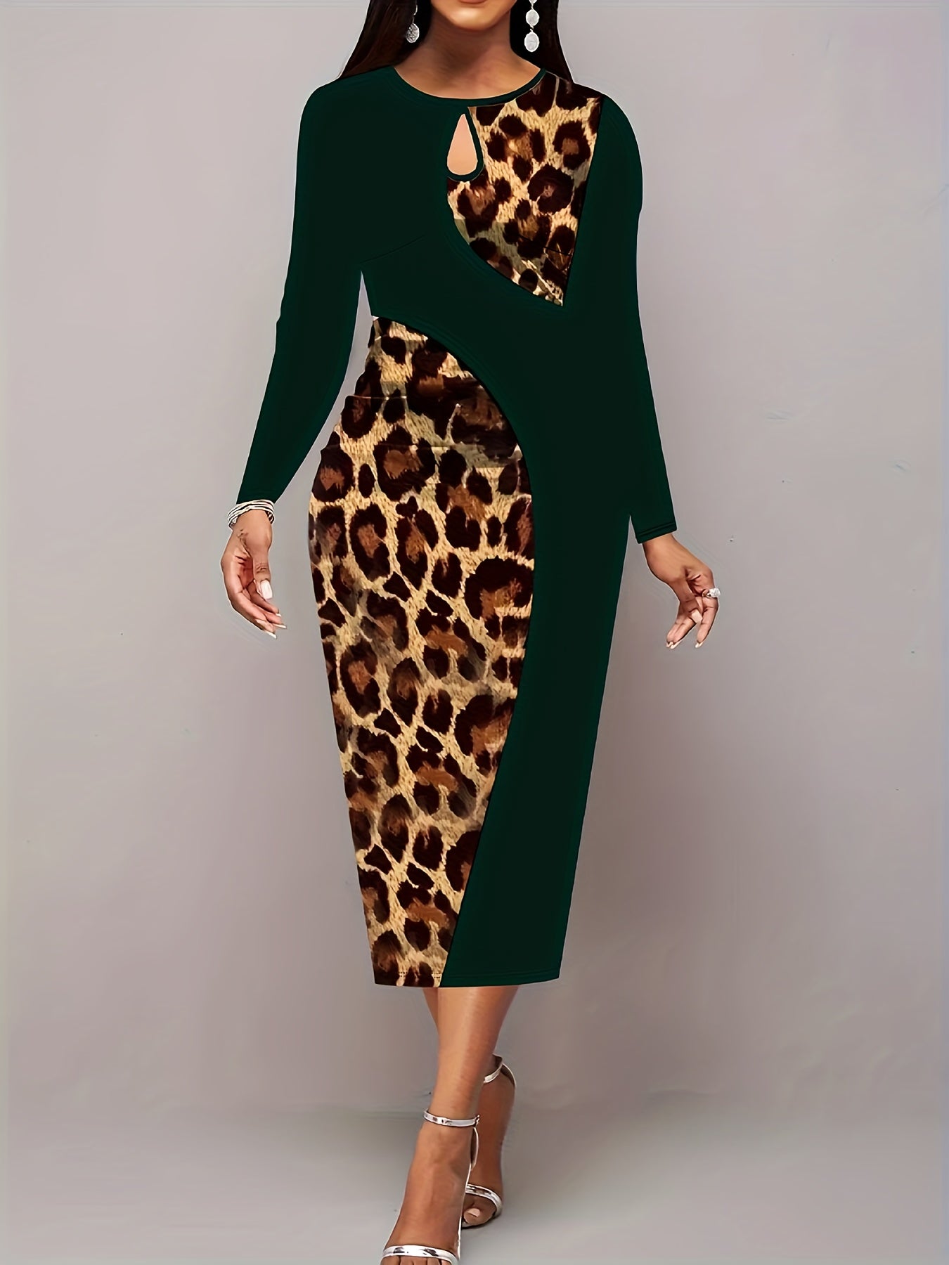 Colorblock Leopard Print Cut Out Long Sleeve Midi Dress