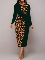 Colorblock Leopard Print Cut Out Long Sleeve Midi Dress