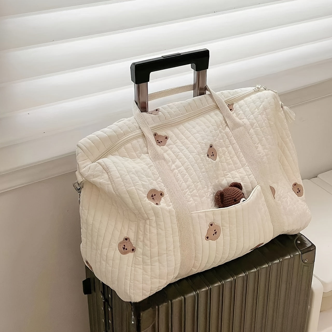 Quilted Parent Bag with Bear Embroidery Durable Polyester Lightweight Duffel
