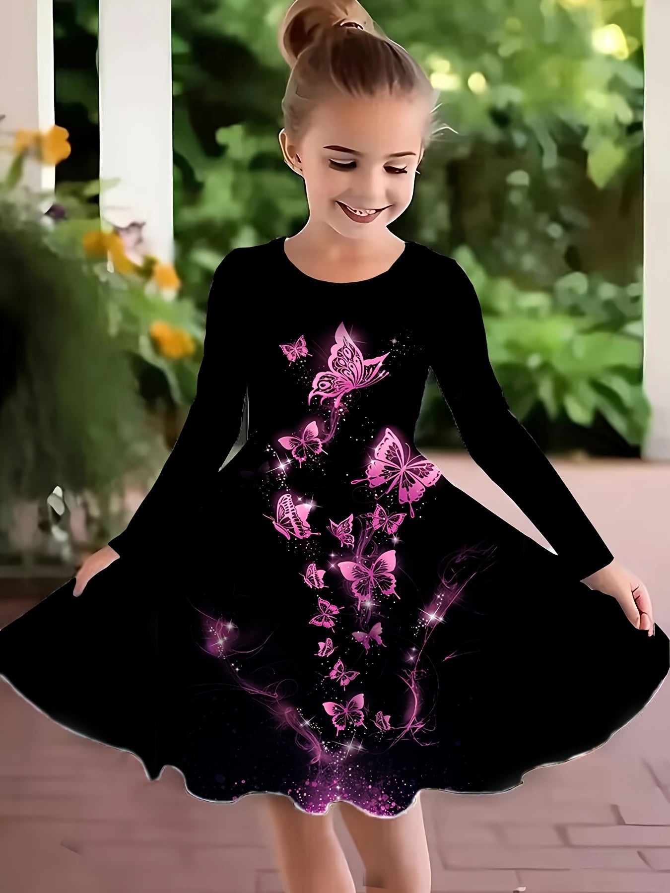 Dreamy Butterfly Graphic Crew Neck Long Sleeve Dress