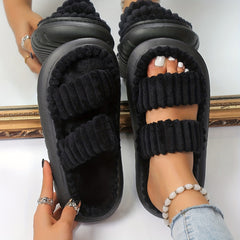 Women's Plush Double Strap Slippers Warm Home Slip-Ons