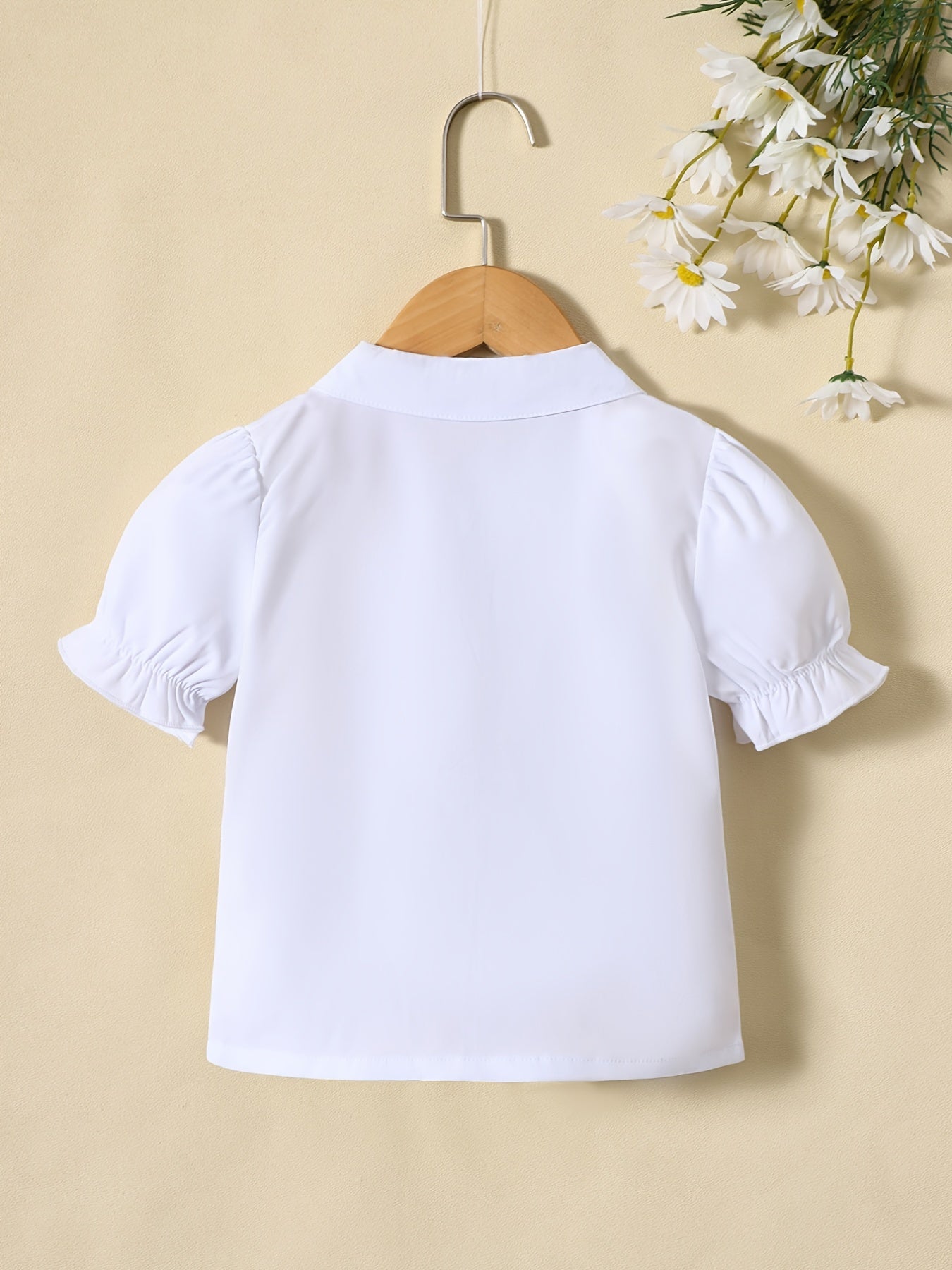 Girls Puff Sleeves Button Casual Frill Trim Short Sleeve Shirt Top