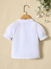 Girls Puff Sleeves Button Casual Frill Trim Short Sleeve Shirt Top