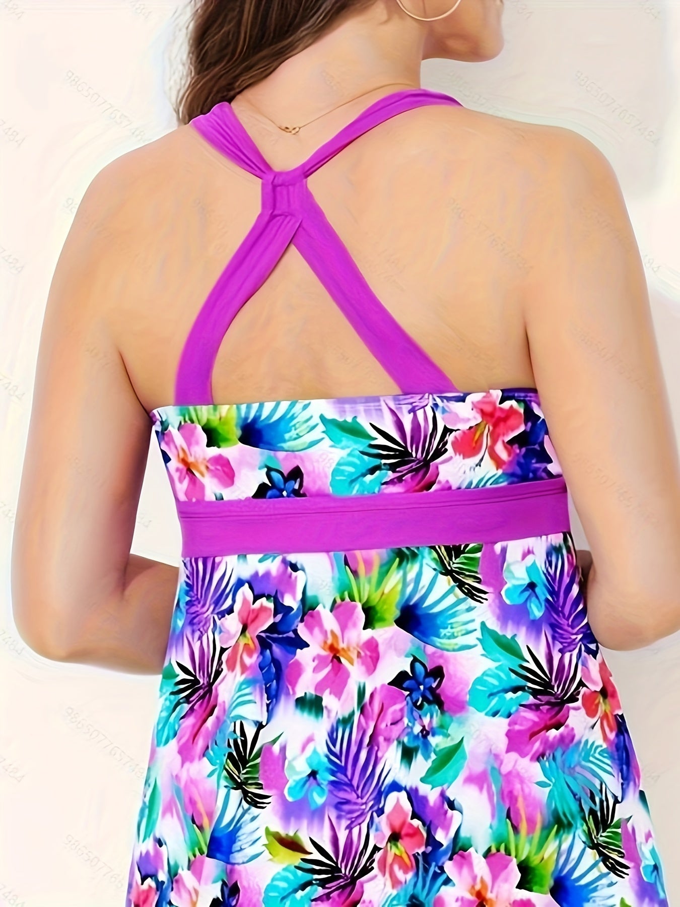 Floral Print Halter Top & Panty Swimsuit Set - Plus Size