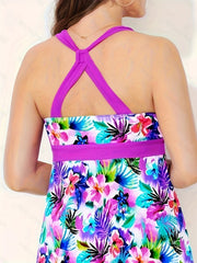 Floral Print Halter Top & Panty Swimsuit Set - Plus Size