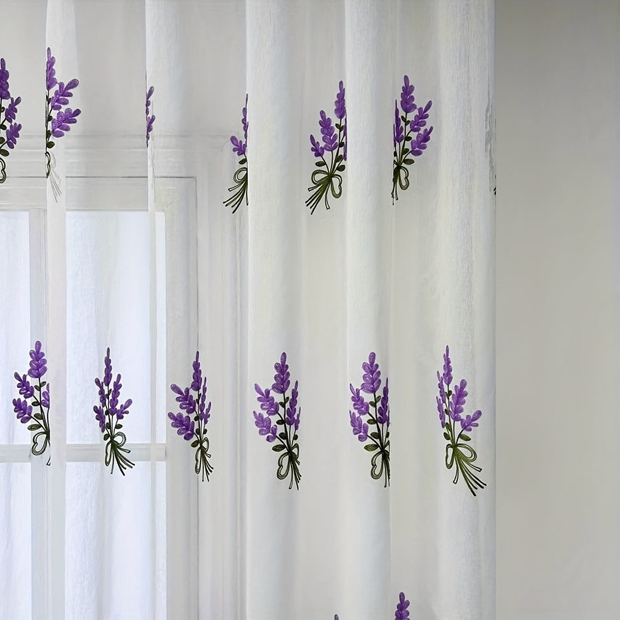 Embroidered Curtain Purple Lavender Flower Tulle Sheer Curtain